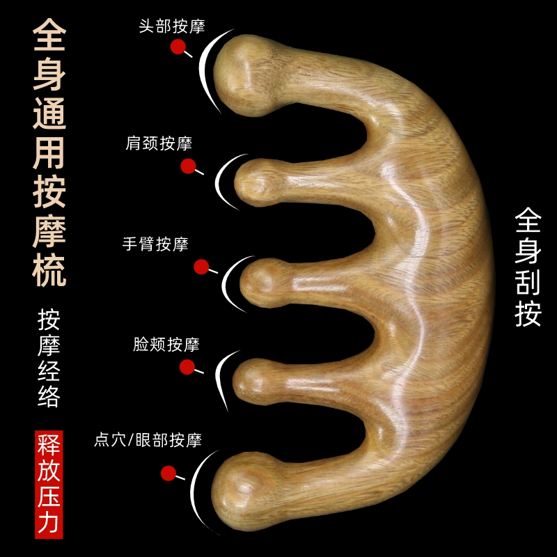 头皮按摩梳头部经络梳天然绿檀木梳子防男女士疏通五齿头疗梳脱发-图2