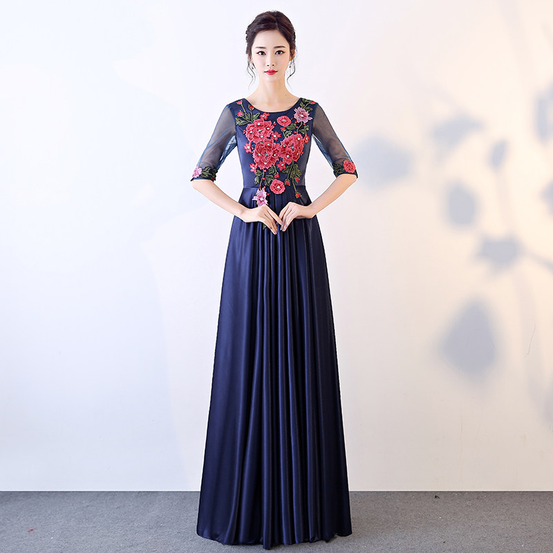 大合唱演出服女长裙古筝钢琴舞台表演服装大摆显瘦七分袖乐团礼服