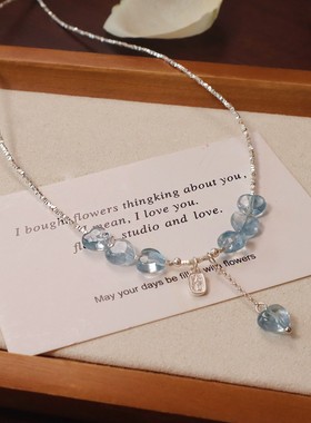 天然海蓝宝项链托帕石原创设计高级感爱心吊坠纯银锁骨链不掉色