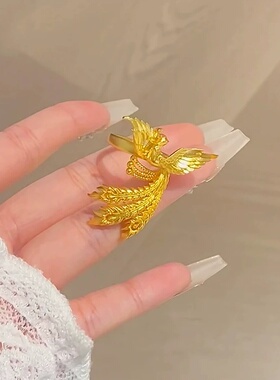 金店同款沙金凤凰花边戒指女中式婚嫁风金色戒指可调节指环