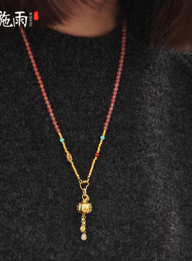 新中式冰飘南红项链黄金坠送女友
