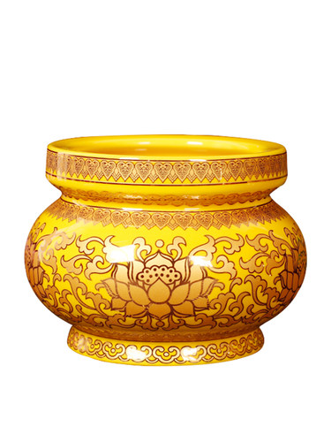 中成禅居供具用品留成真金黄陶瓷描金莲花瓶 供花瓶家用供具用品 - 图3