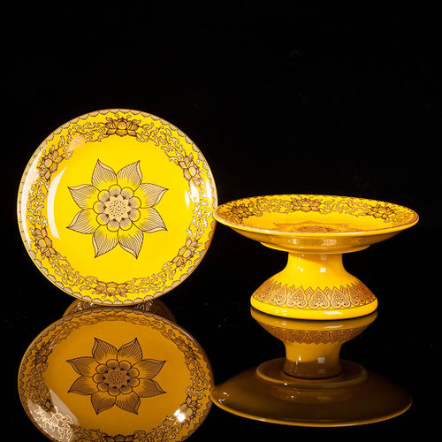 中成真金黄莲花上供用品陶瓷家用摆件香炉堂前花瓶供水果盘套装 - 图2