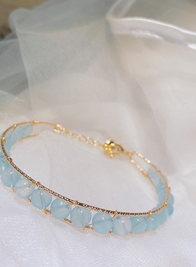 小众天然水晶薰衣草海蓝宝手镯