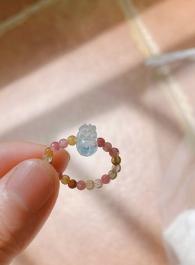 海蓝宝貔貅雕刻戒指弹力可调节