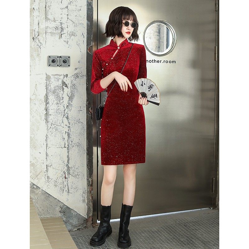 红色丝绒旗袍裙女改良版少女连衣裙 金美丽纱服饰旗袍