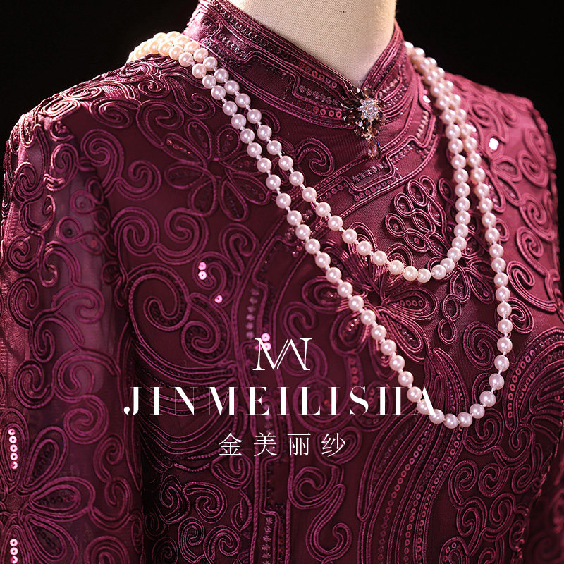 参加婚宴旗袍结婚妈妈装高端连衣裙 金美丽纱服饰旗袍