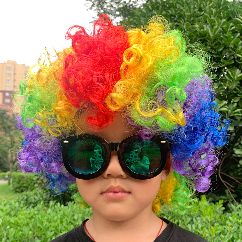 儿童假发彩色头套爆炸头小丑头发幼儿园表演道具搞怪发套彩虹头饰 - 图0