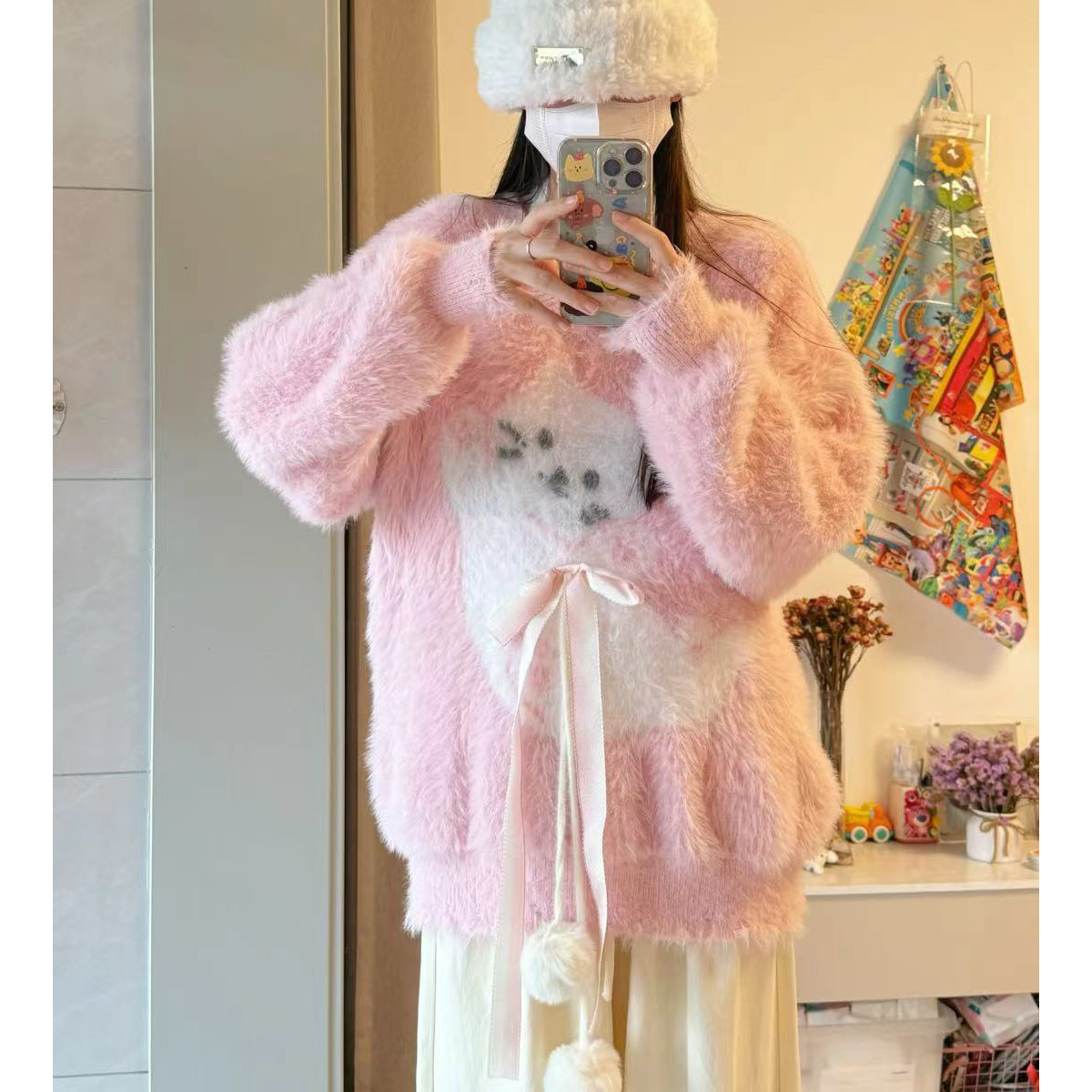 Deschpe 美式高级感奶蓝色水貂绒猫咪蝴蝶结毛衣女秋冬款宽松上衣 - 图0