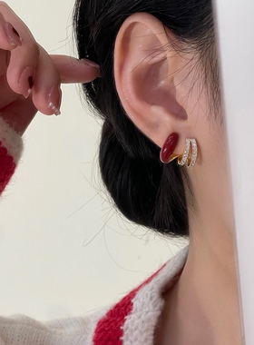 设计感多层镶钻红色滴釉耳钉时尚简约耳环女气质精致小巧爆款耳饰