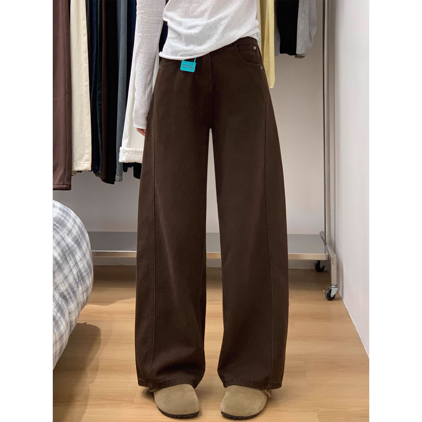 咖色阔腿牛仔裤女秋冬加绒胖妹妹梨型身材mm高腰宽松显瘦弯刀裤子,淘宝优惠券,粉丝福利购,淘宝优惠卷