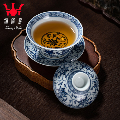 钟家窑柴窑盖碗单个景德镇青花缠枝八宝三才茶杯纯手工大号泡茶碗 - 图1