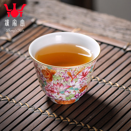 钟家窑珐琅彩主人杯景德镇茶具纯手工小茶杯单杯珐琅彩金地万花杯 - 图3