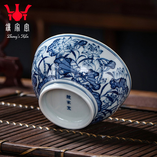 钟家窑品茗杯景德镇功夫茶杯手工青花柴窑青荷莲塘主人杯单杯大号 - 图3