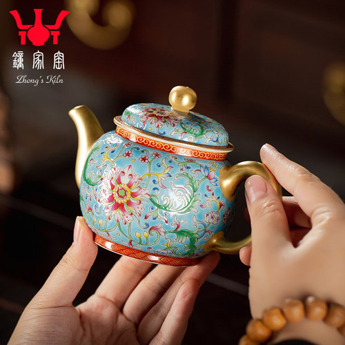 钟家窑茶壶 景德镇高端珐琅彩缠枝花纹陶瓷茶壶单壶纯手工泡茶壶 - 图2