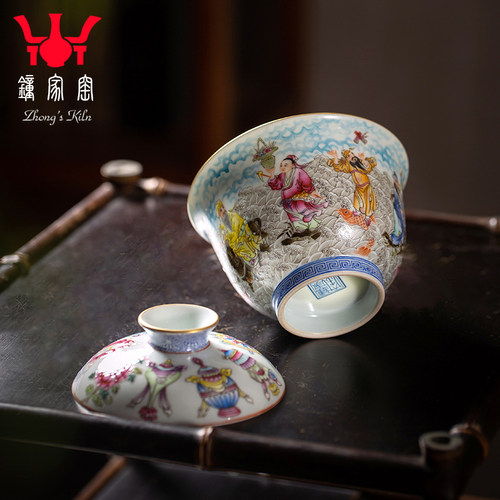 钟家窑盖碗茶杯景德镇陶瓷二才盖碗单个高端珐琅彩八仙过海泡茶碗 - 图3
