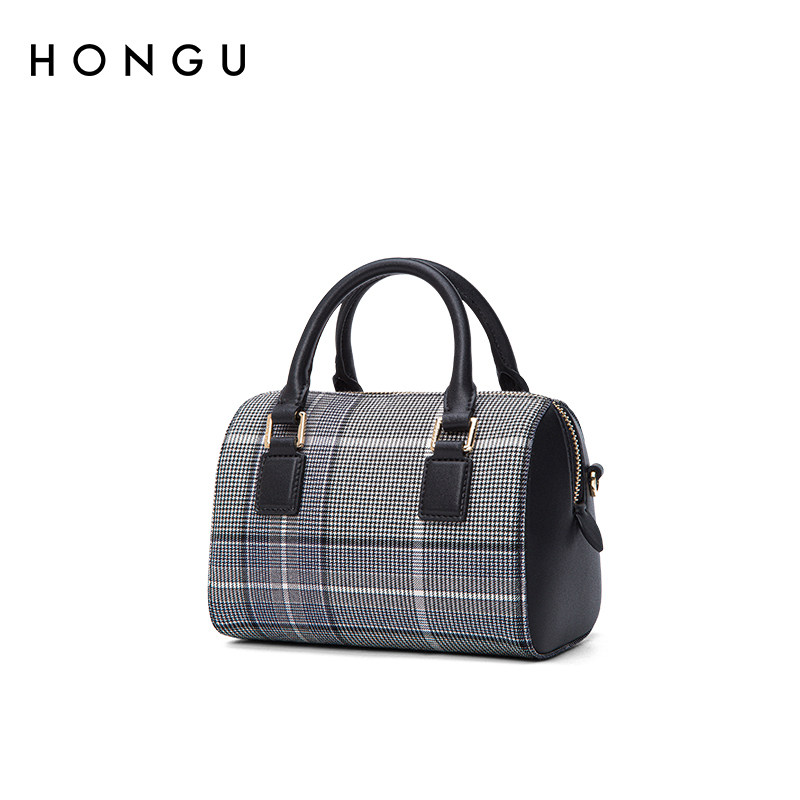 红谷新款复古格子手提圆筒波士顿包 庭满箱包女士包袋