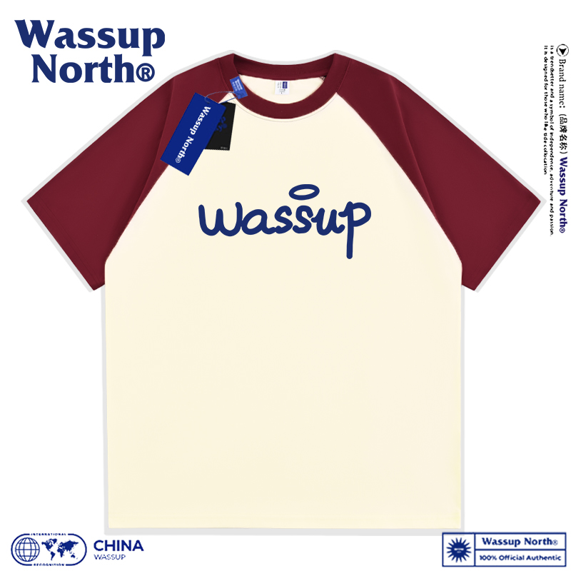 WASSUP NORTH重磅插肩袖短袖T恤男夏季纯棉潮流撞色五分袖体恤衫 - 图2