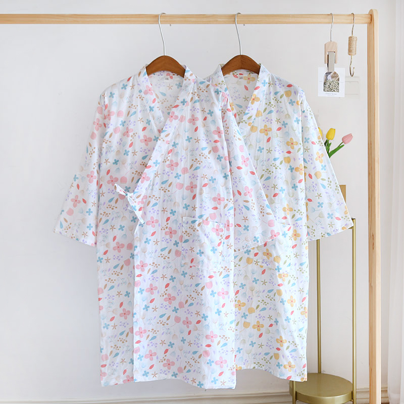 夏季女士睡袍纯棉纱布日系系浴袍睡衣薄款透气睡裙甜美和服汗蒸服