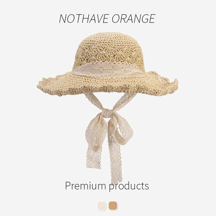 日系夏季沙滩帽蕾丝草帽女小清新防晒帽遮阳旅游度假可折叠太阳帽-图1