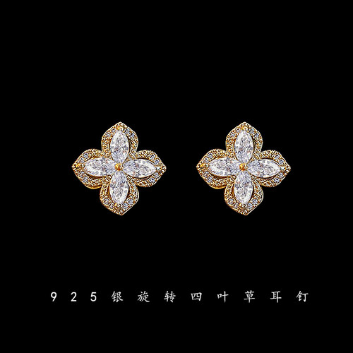 时来运转粉钻旋转四叶草耳钉微镶锆石耳环925银针防过敏超闪耳饰 - 图0