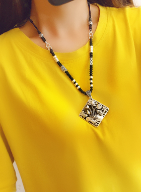 民族风文艺百搭四方来财毛衣链复古藏银饰品项链短款锁骨链挂件女