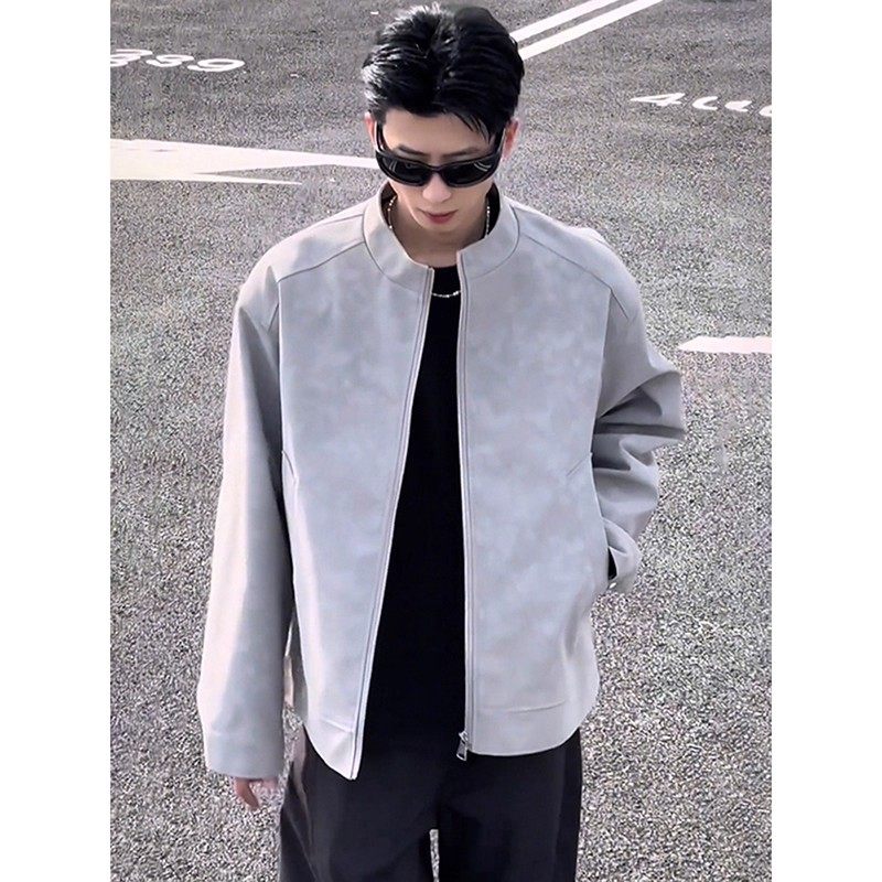 灰色雾面皮衣外套男春秋痞帅立领机车夹克美式正肩短款广州棒球服,淘宝优惠券,粉丝福利购,淘宝优惠卷