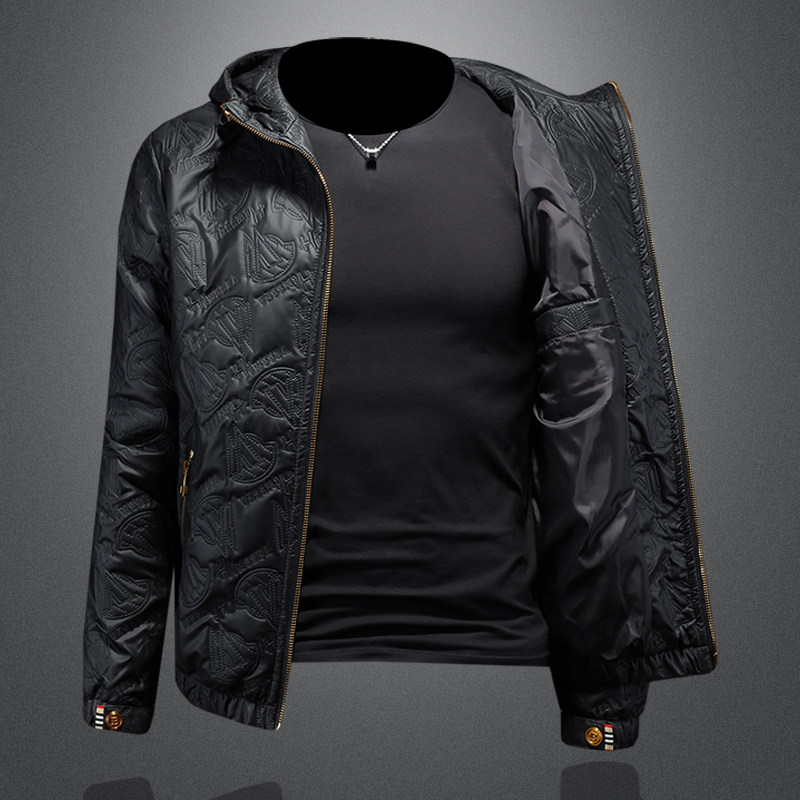 欧洲站高端加厚男夹克秋冬皮衣潮流帅气休闲连帽加棉压花型男外套,淘宝优惠券,粉丝福利购,淘宝优惠卷