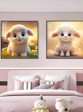 儿童房装饰画卡通动漫房间二联壁画双联卧室床头挂画可爱粉小白免