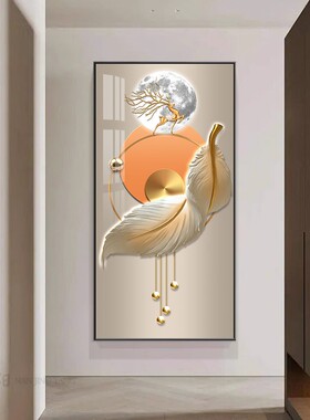 现代轻奢入户正对进门玄关装饰画大竖版抽象暖色挂画壁画过道晶瓷