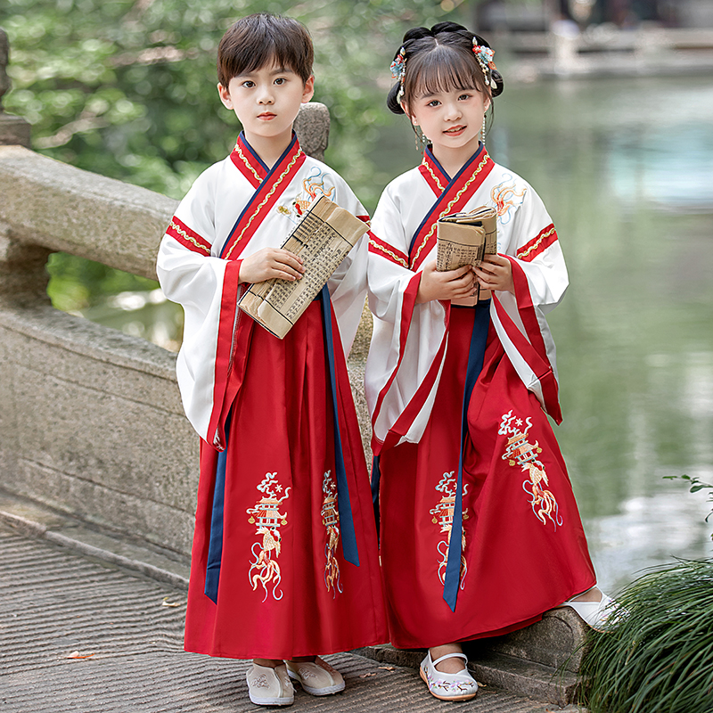 汉服男童国学服儿童中国风古装书童服装幼儿园小学生马面裙演出服 - 图0