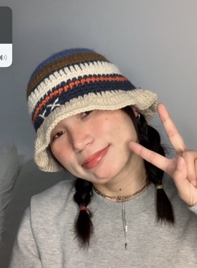 yawing～小众钩花彩色条纹渔夫帽百搭针织帽子男女可戴