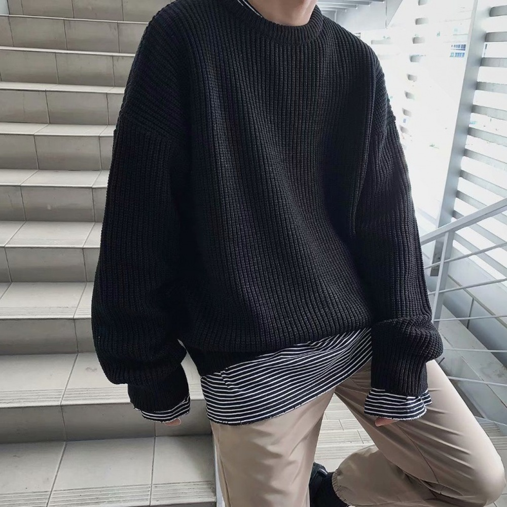 Korean Fashion Sweaters Men Autumn Solid Color Wool Sweaters-图0