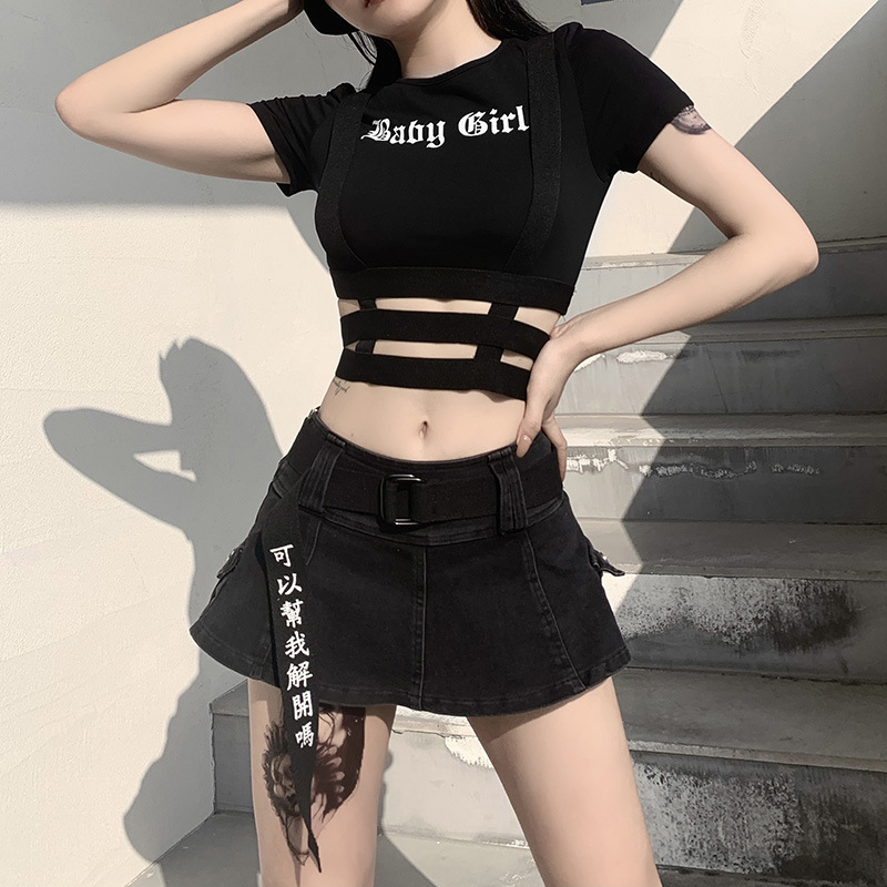 Punk Vintage Goth Graphic T Shirt Women Y2k Crop Top O-neck-图1