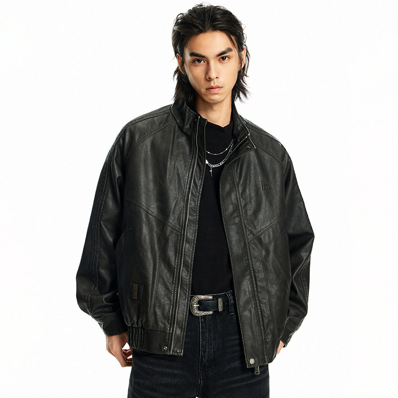 美式复古PU皮衣男秋季宽松潮牌大码夹克上衣男士潮流立领防风外套,淘宝优惠券,粉丝福利购,淘宝优惠卷