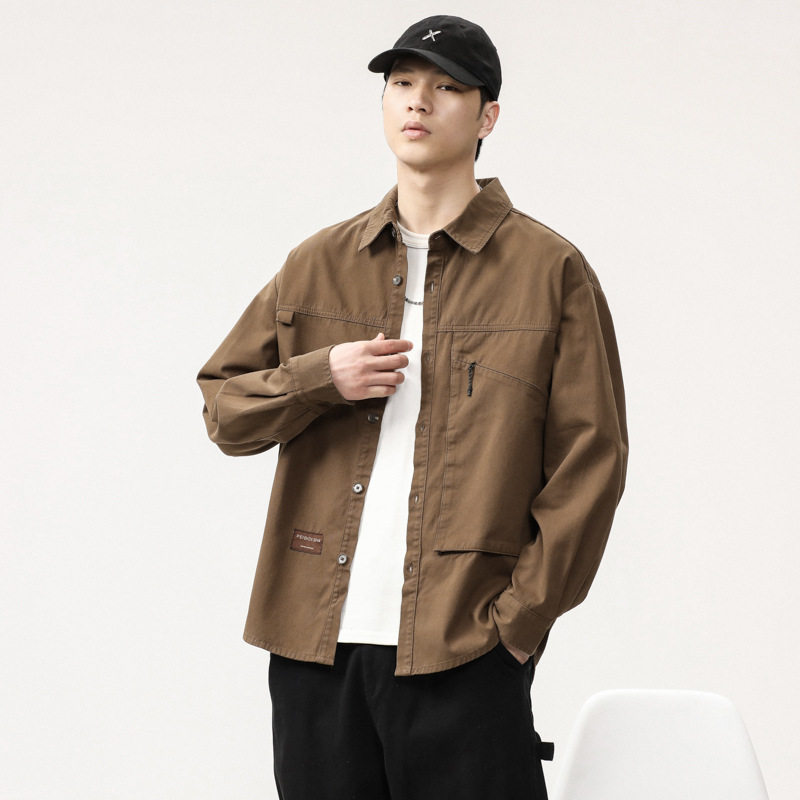 美式复古工装衬衫男款长袖秋季潮牌户外宽松夹克男士休闲外套春秋,淘宝优惠券,粉丝福利购,淘宝优惠卷