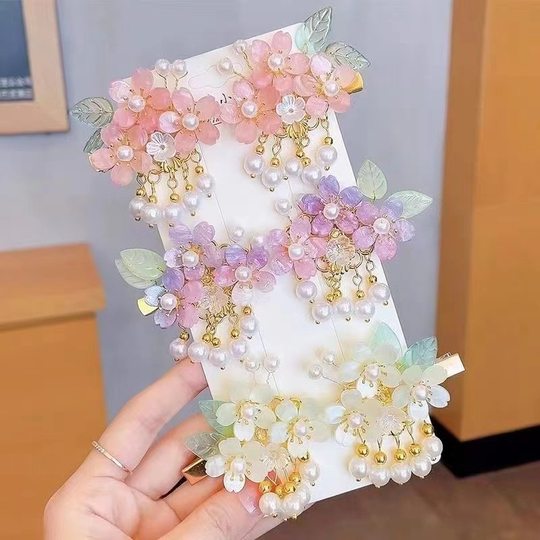 儿童汉服头饰步摇流苏古风发夹女中国风粉色花朵发卡公主古装发饰