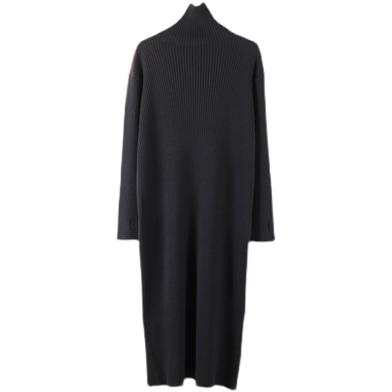 针织打底连衣裙女秋冬纯色高领小个子宽松中长款毛衣裙过膝长裙子