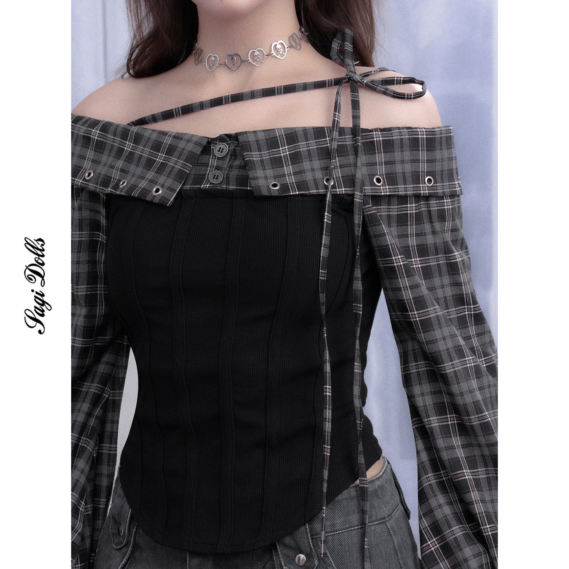 SagiDolls少女斗志 #第19夜歌#酷辣反叛doll感格纹绑带一字肩衬衫,淘宝优惠券,粉丝福利购,淘宝优惠卷
