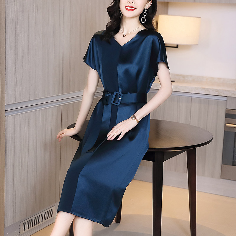 醋酸连衣裙夏2020新款收腰缎面裙子 凯芙诺连衣裙