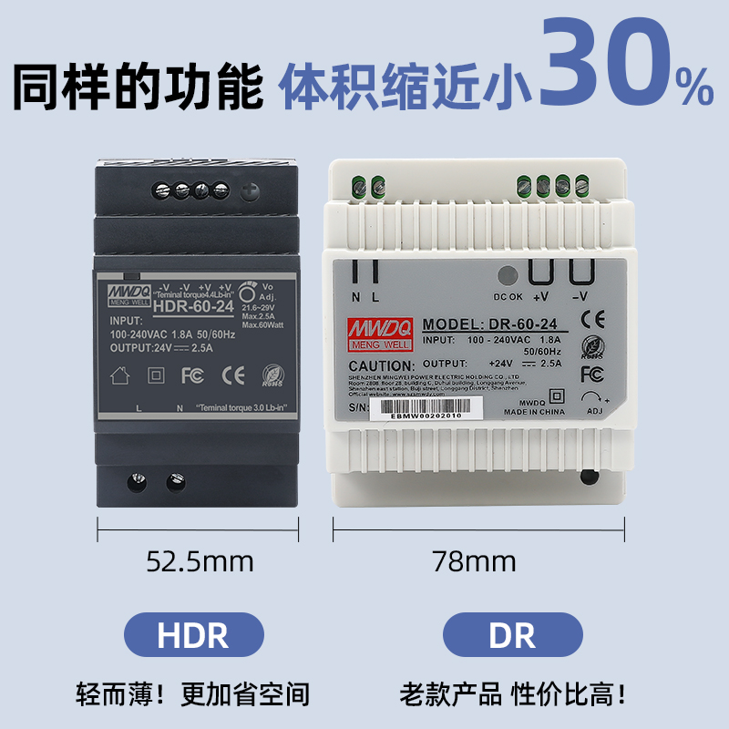 HDR明伟开关电源24v导轨式DR-60-12直流220转5v 30/100/15w变压器