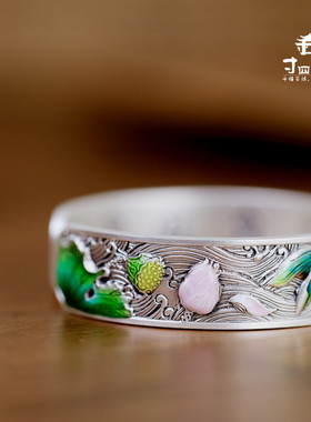 寸四银庄足银999珐琅彩绘荷花手镯女宽版开口珐琅复古民族风国潮
