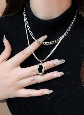 高级感双层链条项链女银色椭圆吊坠锁骨链小众设计酷辣风