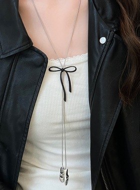 甜酷蝴蝶结项链女长款可调节金属链条锁骨链配饰