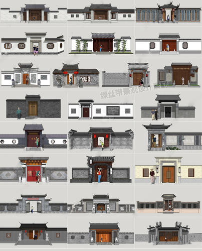 新中式建筑四合院别墅庭院大宅院门门头入户门大门su模型草图大师