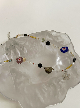 vintage少女多元素水晶彩色琉璃项链小众设计串珠花朵锁骨毛衣链