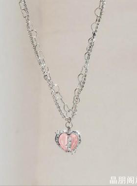 小众设计感心形蛋白石水晶项链浅蓝分裂爱心锆石高级感闪钻锁骨链