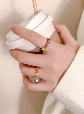 彩色笑脸脚戒 可当尾戒 通体手工串珠弹力绳可拉伸戒指女