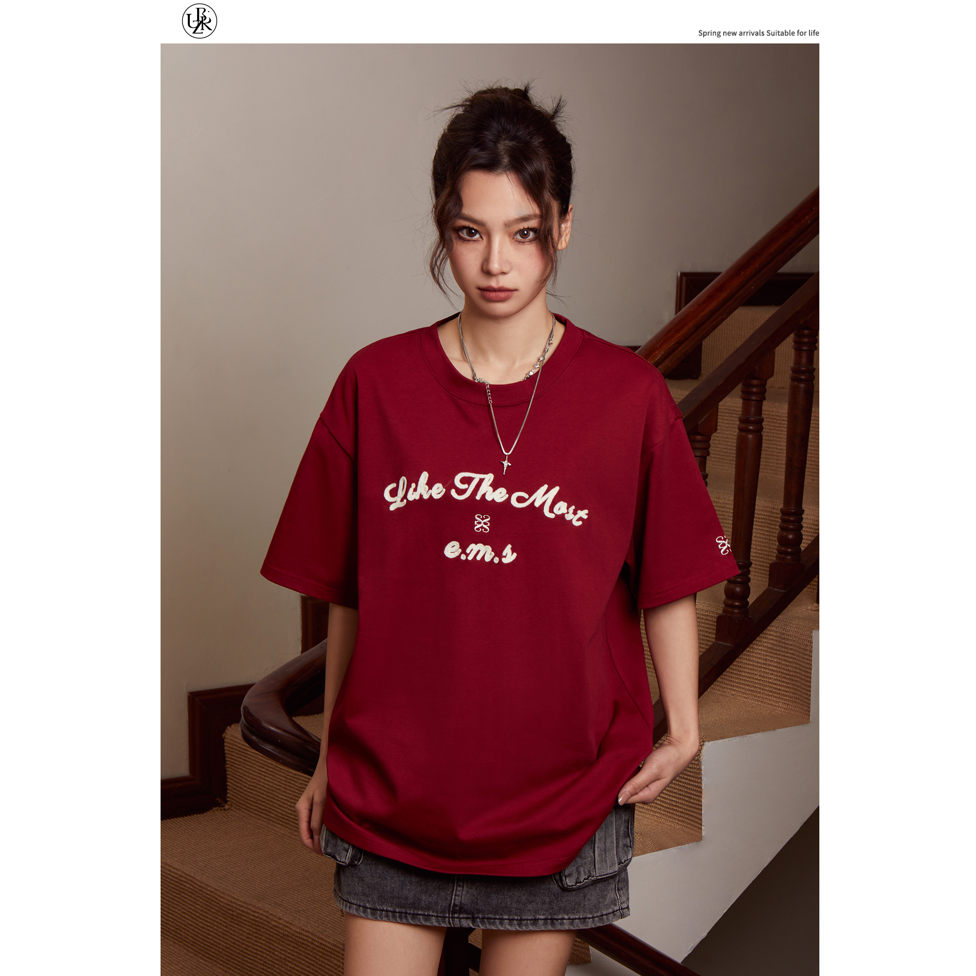Beikastudios酒红色短袖T恤女夏美式复古重磅280G纯棉宽松半袖tee-图0