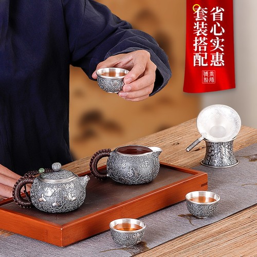 银壶999纯银泡茶壶套装手工一张打西施壶高端茶壶烧水壶家用茶具 - 图3
